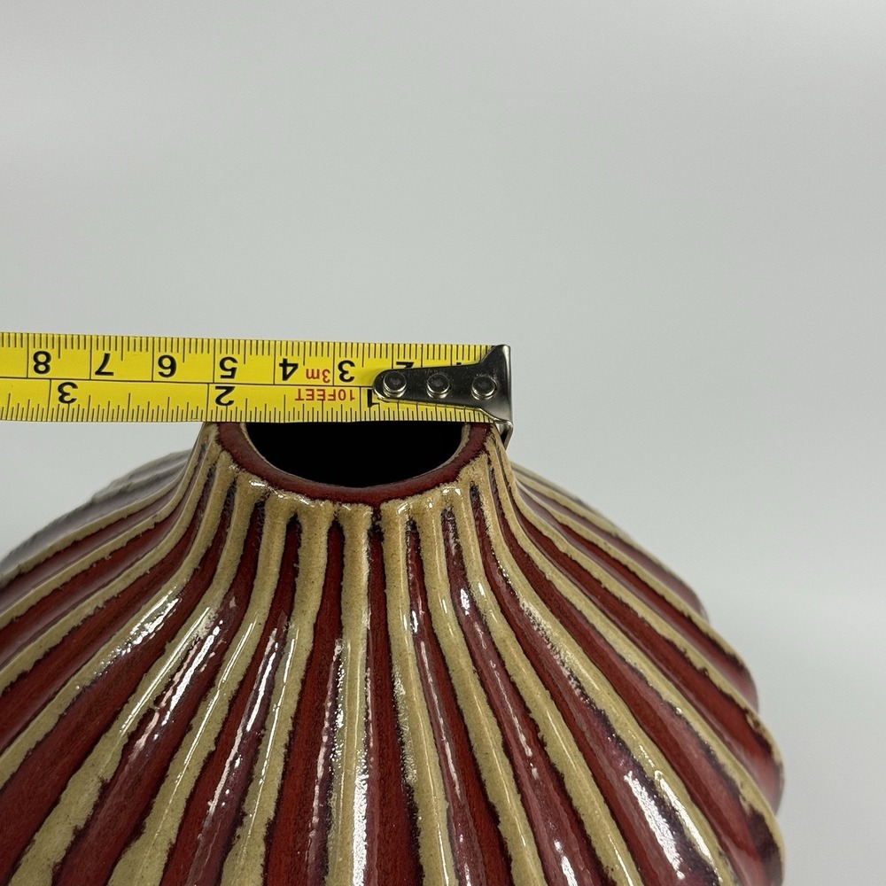 Global Views Art Pottery Decorative Vase Red Glazed Ribbed Mid Century Modern - Picture 7 of 9